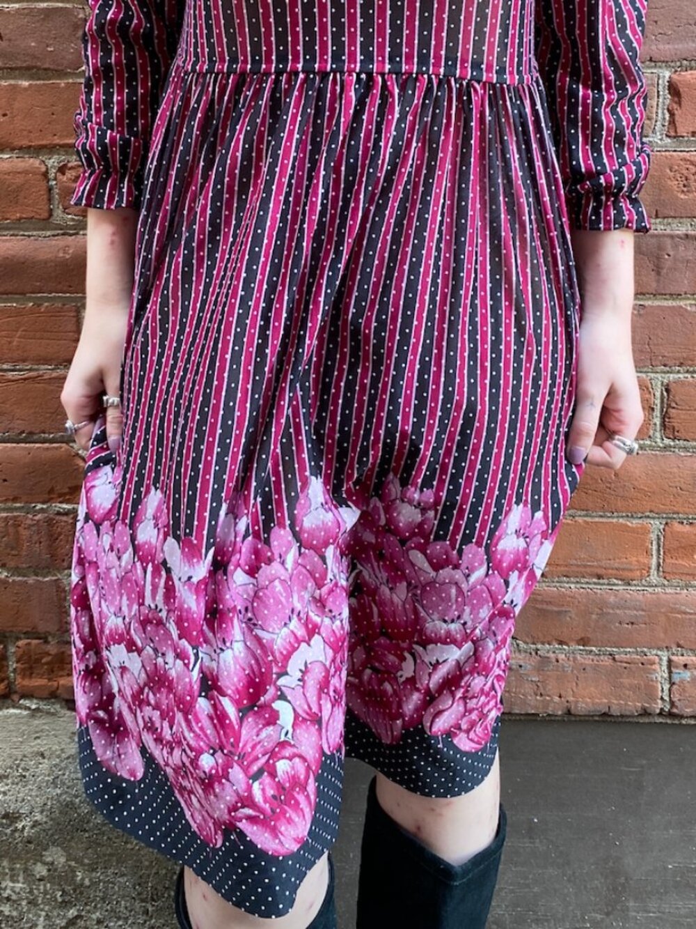 Vintage 1970s Ruffle Collar Polka Dot Striped Floral Dress - Size Medium - Picture 6 of 8